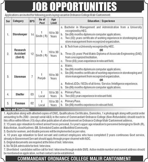 Latest Ordnance College Jobs Karachi 2025