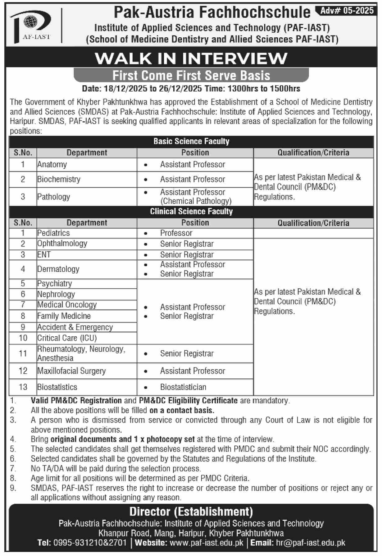 Latest Pak Austria Fachhochschule Institute of Applied Sciences & Technology Education Jobs Haripur 2025