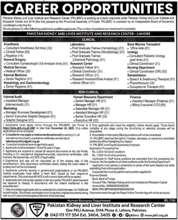 Latest Pakistan Kidney And Liver Institute And Research Centre PKLI Education Jobs Lahore 2025