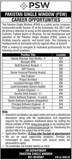 Pakistan Single Window (PSW) Job Openings 2025 – Apply Online