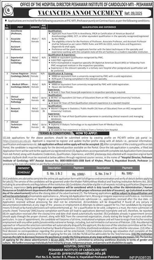 Latest Peshawar Institute of Cardiology PIC Education Jobs Peshawar 2025