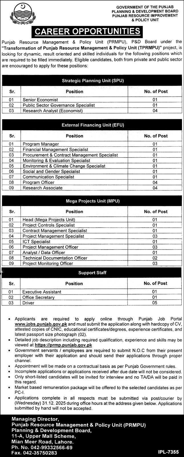 Latest Planning & Development Board Jobs Lahore 2025