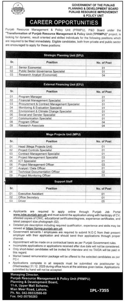 Latest Planning and Development Board Jobs Lahore 2025