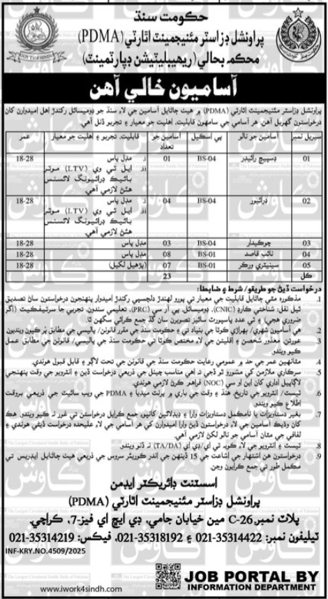 Latest Provincial Disaster Management Authority PDMA  Jobs Karachi 2025