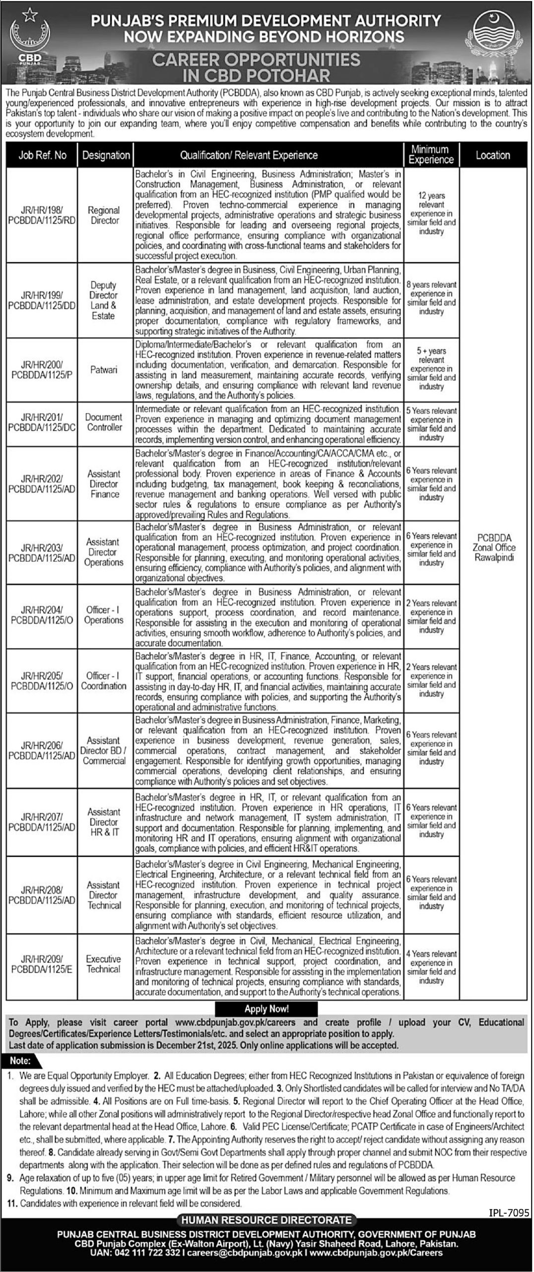 Latest Punjab Central Business District Development Authority PCBDDA  Jobs Lahore 2025