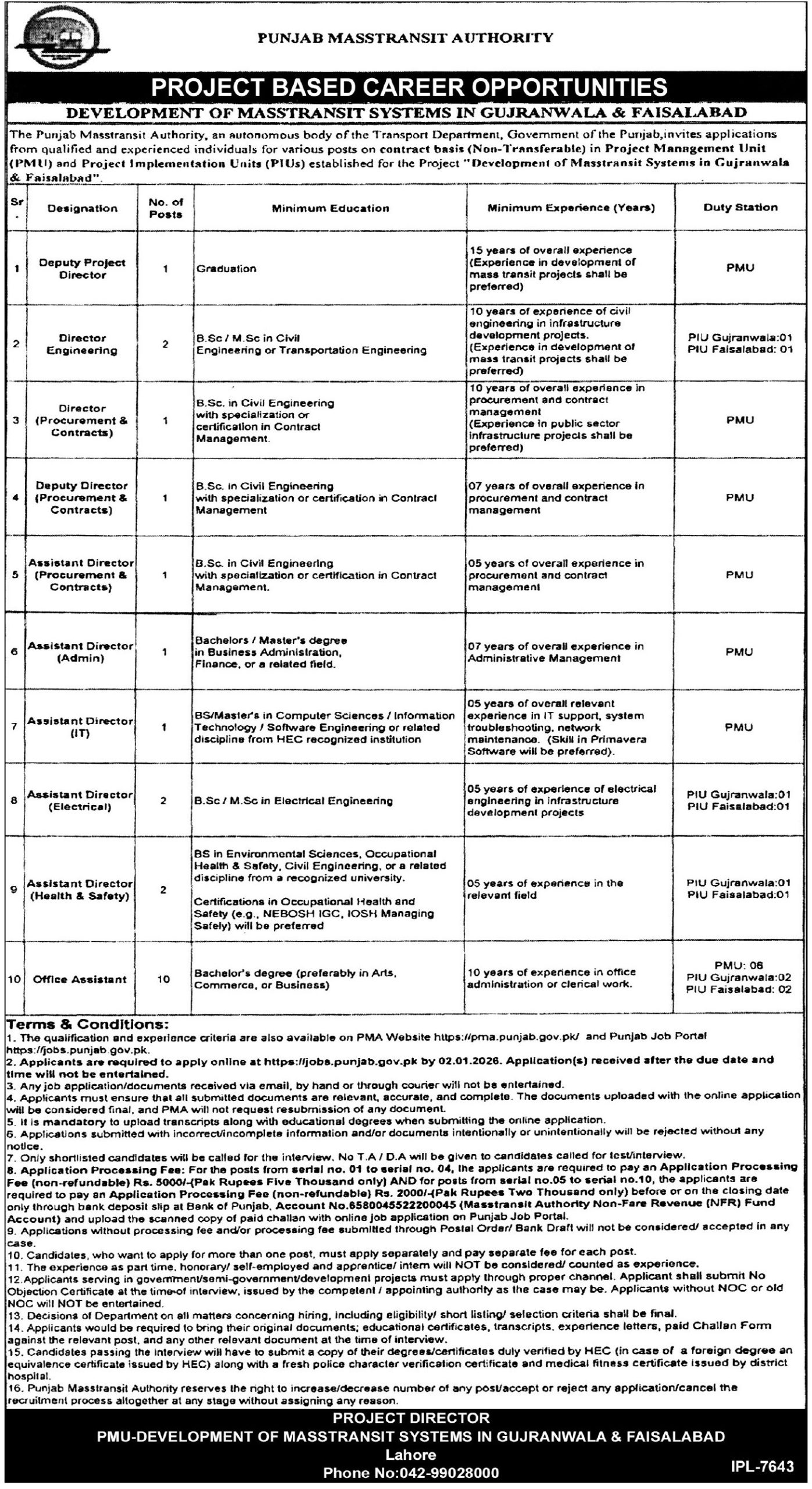 Latest Punjab Masstransit Authority PMA Jobs Lahore 2025