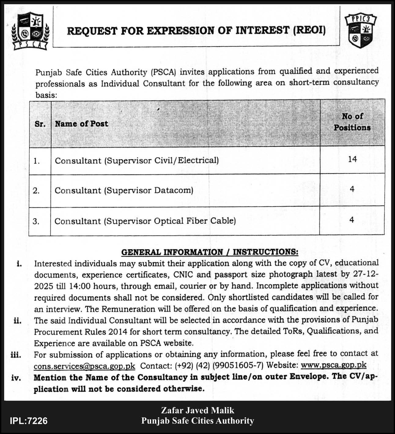 Latest Punjab Safe Cities Authority PSCA Consultant Jobs Lahore 2025