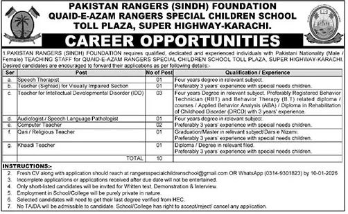 Latest Quaid E Azam Ranger Special Children School Jobs Karachi 2025