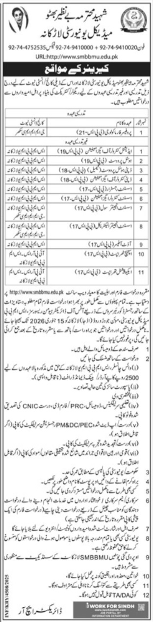Latest Shaheed Mohtarma Benazir Bhutto Medical University Education Jobs Larkana 2025