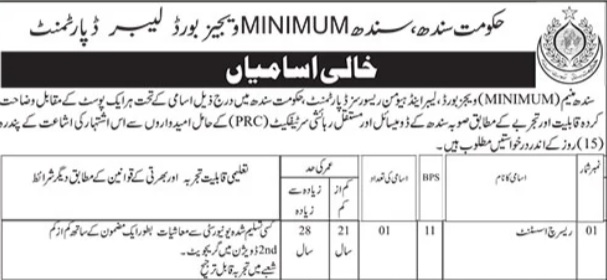 Latest Sindh Minimum Wages Board Jobs Karachi 2025