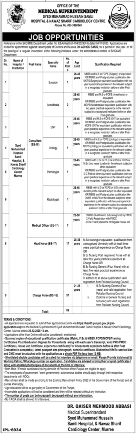 Latest Specialized Healthcare & Medical Education Department Medical Jobs Islamabad 2025