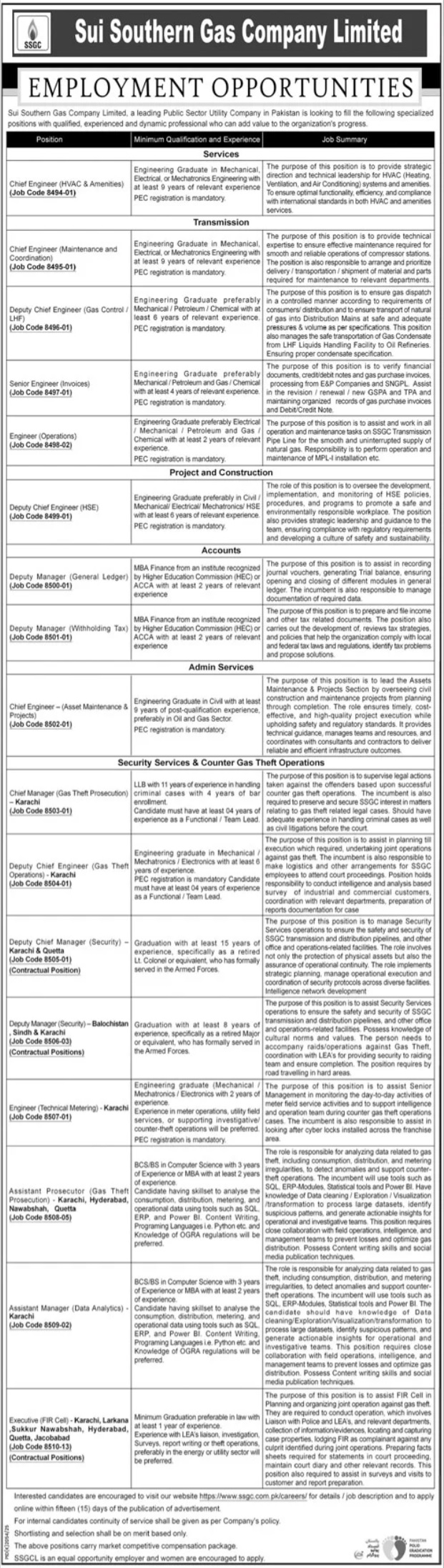 Latest Sui Southern Gas Company Limited SSGC  Jobs Karachi 2025