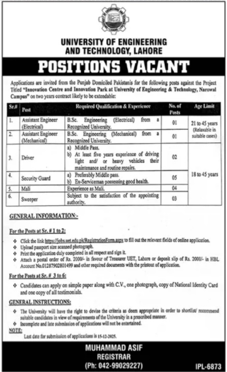 Latest University of Engineering and Technology UET  Jobs Lahore 2025