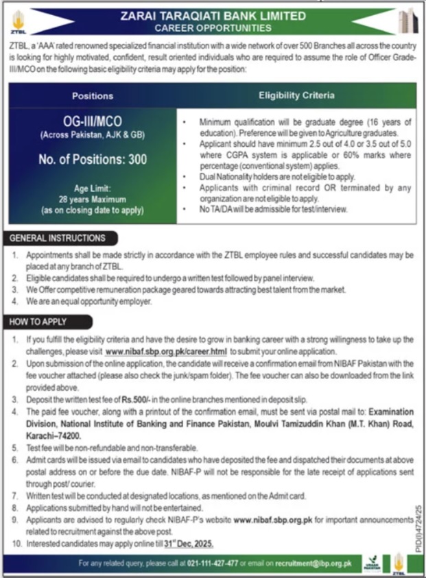 Latest Zarai Taraqiati Bank Limited ZTBL Jobs Islamabad 2025