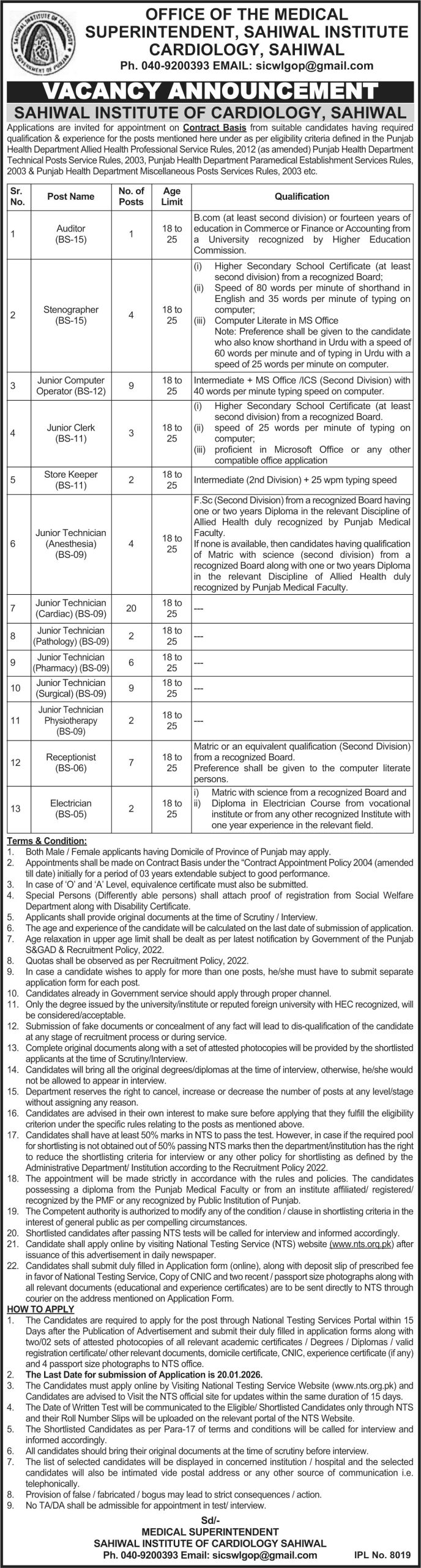 NTS Test-Based Jobs at Sahiwal Institute of Cardiology 2026