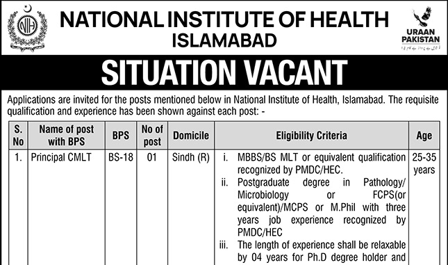 National Institute of Health (NIH) Islamabad Jobs 2025 – Apply Online & By Courier