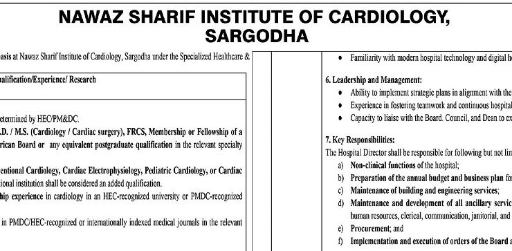Nawaz Sharif Institute of Cardiology Announces New Jobs Openings 2025