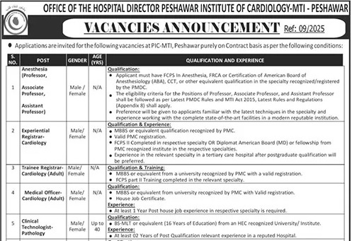 Peshawar Institute of Cardiology (PIC-MTI) Jobs Openings 2026