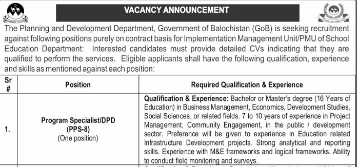 Planning & Development Department Balochistan Jobs 2026 – PMU School