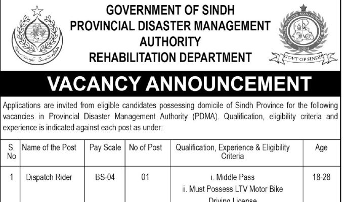 Provincial Disaster Management Authority (PDMA) Sindh Jobs 2025 – Apply