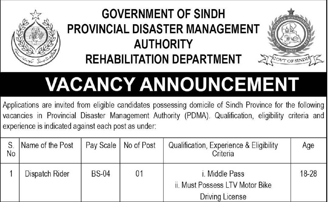 Provincial Disaster Management Authority (PDMA) Sindh Jobs 2025 – Apply