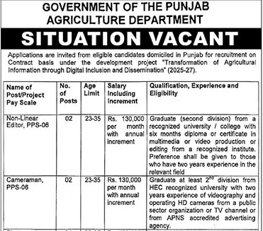 Punjab Agriculture Department Lahore Jobs 2025 – Apply on Prescribed Form