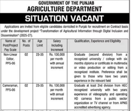 Punjab Agriculture Department Lahore Jobs 2026 – Digital Agricultural Information