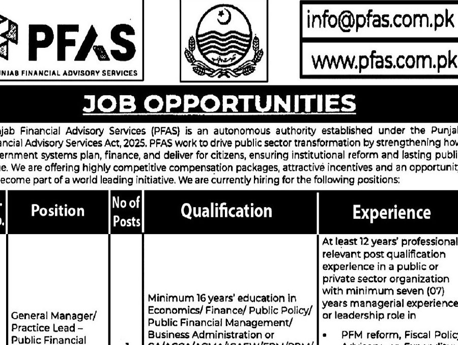 Punjab Financial Advisory Services (PFAS) Jobs 2026 – Apply for Qualified