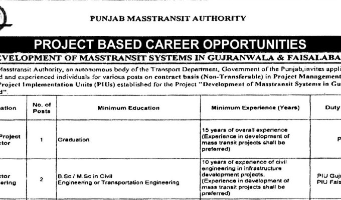 Punjab Masstransit Authority (PMA) Project-Based Jobs 2026 – Apply Online