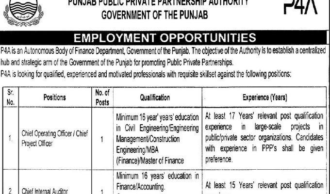 Punjab Public Private Partnership Authority (P4A) Jobs 2026