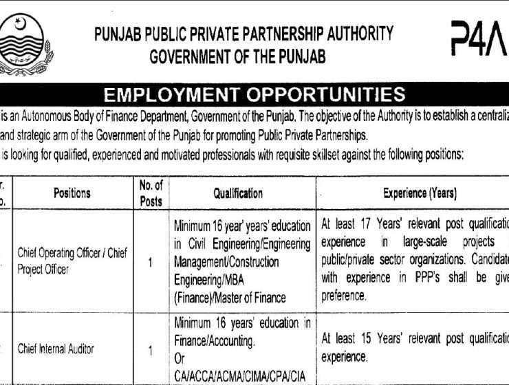 Punjab Public Private Partnership Authority (P4A) Jobs 2026