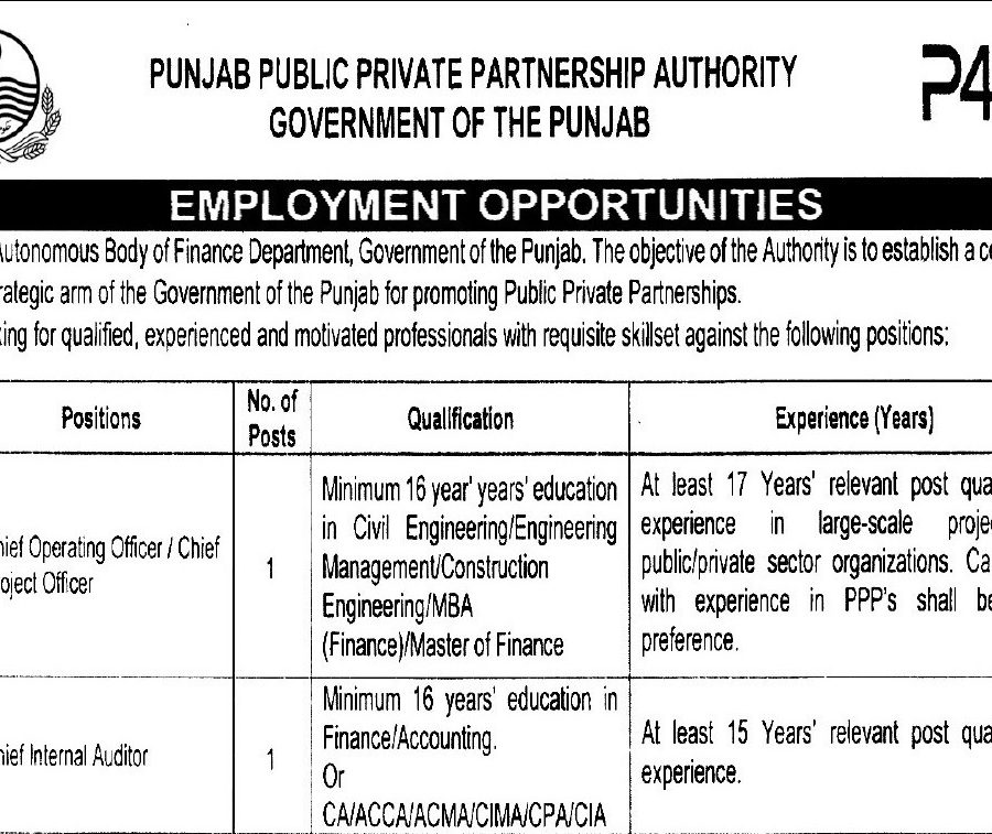 Punjab Public Private Partnership Authority (P4A) Jobs 2026