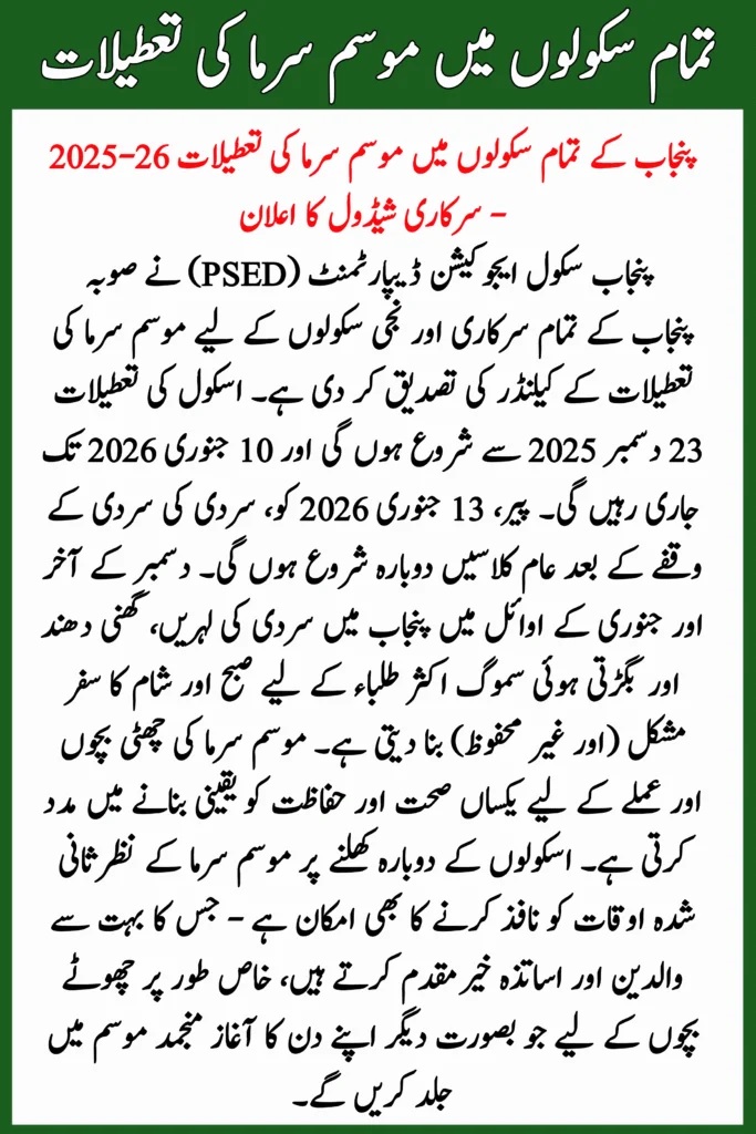Punjab Schools 2025-26 Dates and Details