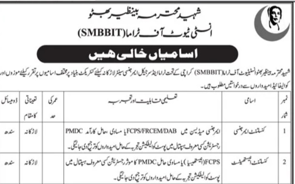 Shaheed Mohtarma Benazir Bhutto Institute of Trauma (SMBBIT) Karachi Jobs 2026