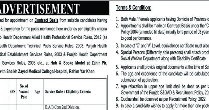Sheikh Zayed Medical College & Hospital Rahim Yar Khan Jobs Openings 2025