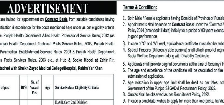 Sheikh Zayed Medical College & Hospital Rahim Yar Khan Jobs Openings 2025