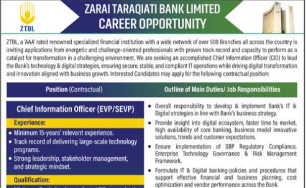 Zarai Taraqiati Bank Limited (ZTBL) Jobs Openings 2026 – Apply Online