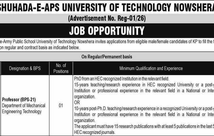 Shuhada-e-APS University of Technology Nowshera Jobs 2026