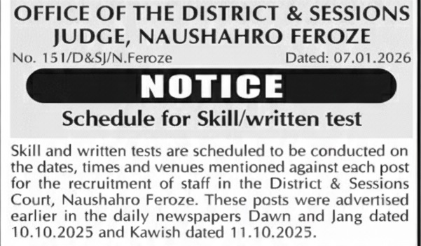 District & Sessions Judge Naushahro Feroze Test Schedule 2026 – Staff Recruitment