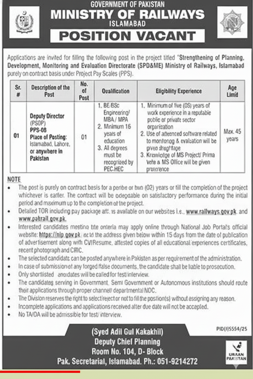 Latest Ministry of Railways Management Jobs Islamabad 2026