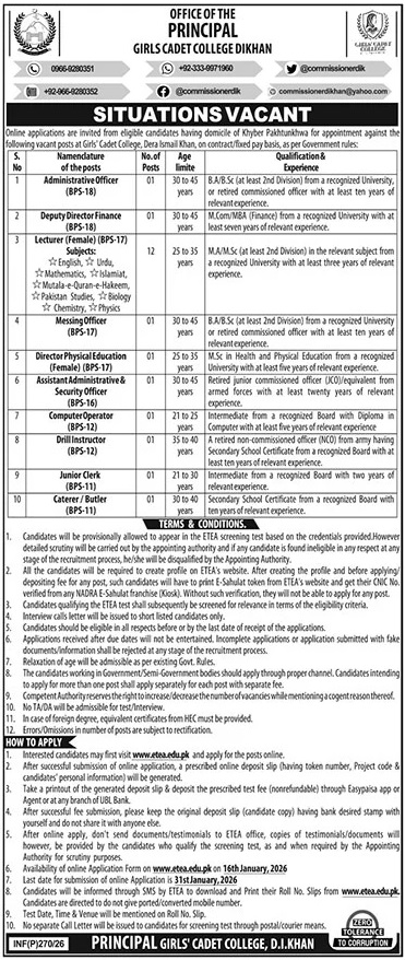 Girls Cadet College Dera Ismail Khan Jobs 2026 for Lecturers & Staff