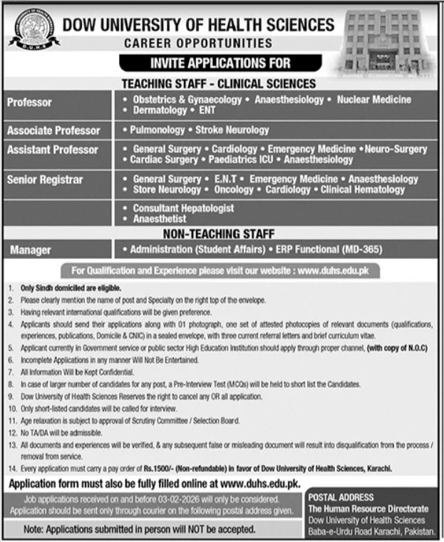 Government Jobs in Education 2026 – DUHS Karachi Recruitment