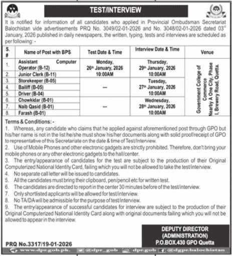 Government Organization Quetta Jobs 2026 – Latest Vacancies for Clerical & Support Staff