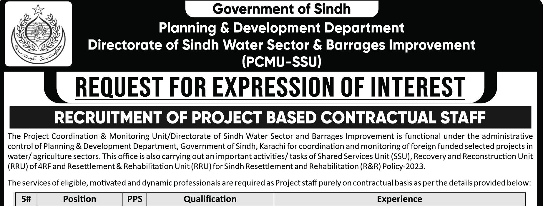 Government of Sindh Planning & Development Department Jobs 2026 – PCMU