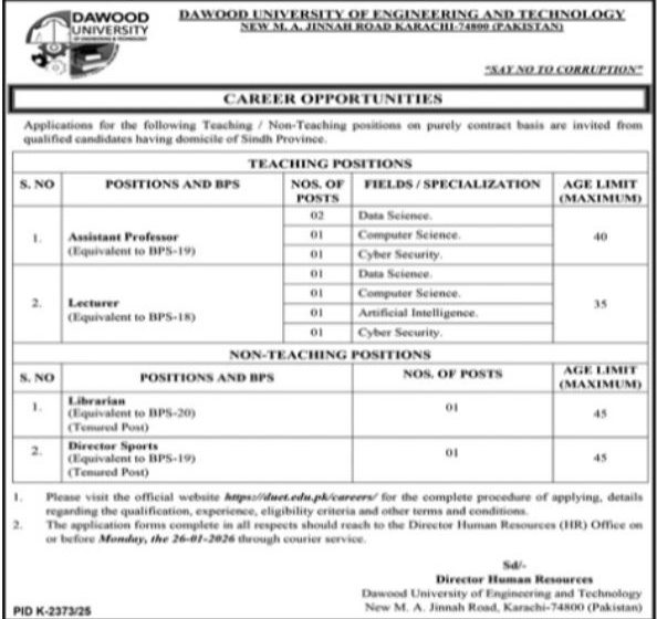 Dawood University of Engineering & Technology (DUET) Jobs 2026