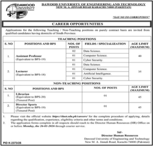 Dawood University of Engineering & Technology (DUET) Jobs 2026