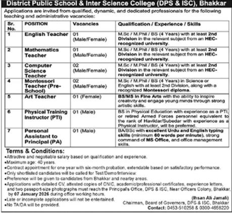 Latest District Public School & College Education Jobs Bhakkar 2026