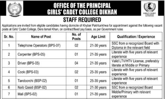 Girls' Cadet College Dera Ismail Khan Jobs Openings 2026