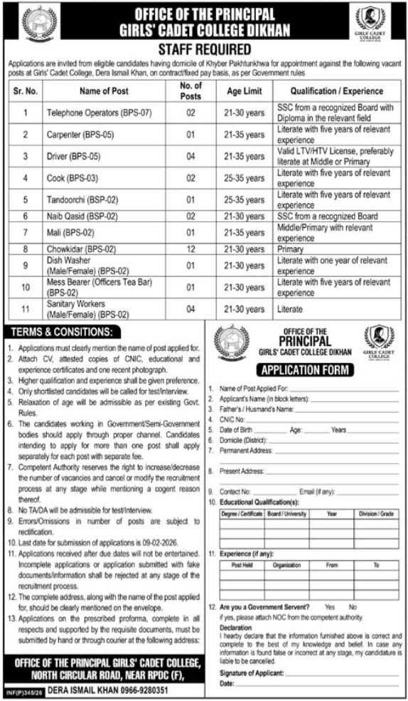 Latest Girls Cadet College Education Jobs Dera Ismail Khan 2026