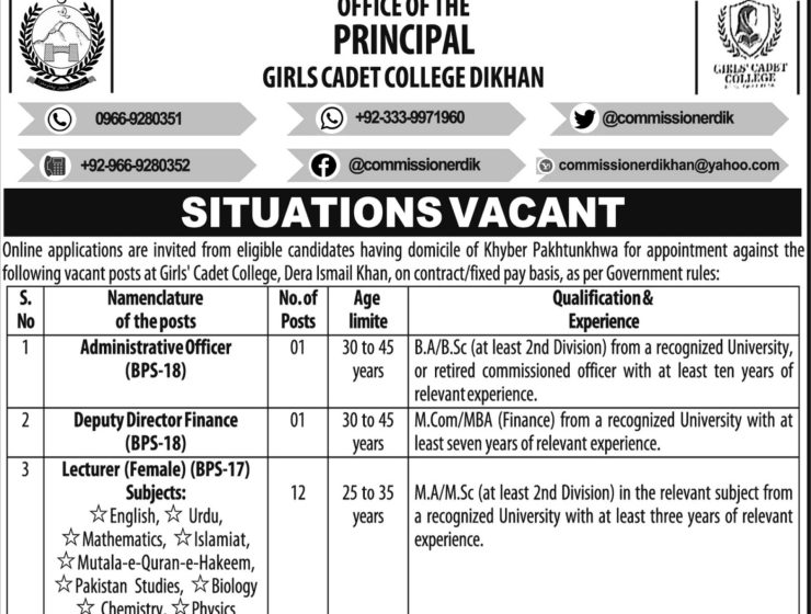 Girls Cadet College Dera Ismail Khan Jobs 2026 – Contract-Based Vacancies for KPK